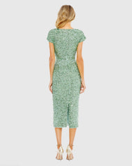 Green Sequined Cap Sleeve Wrap Over Cocktail Dress