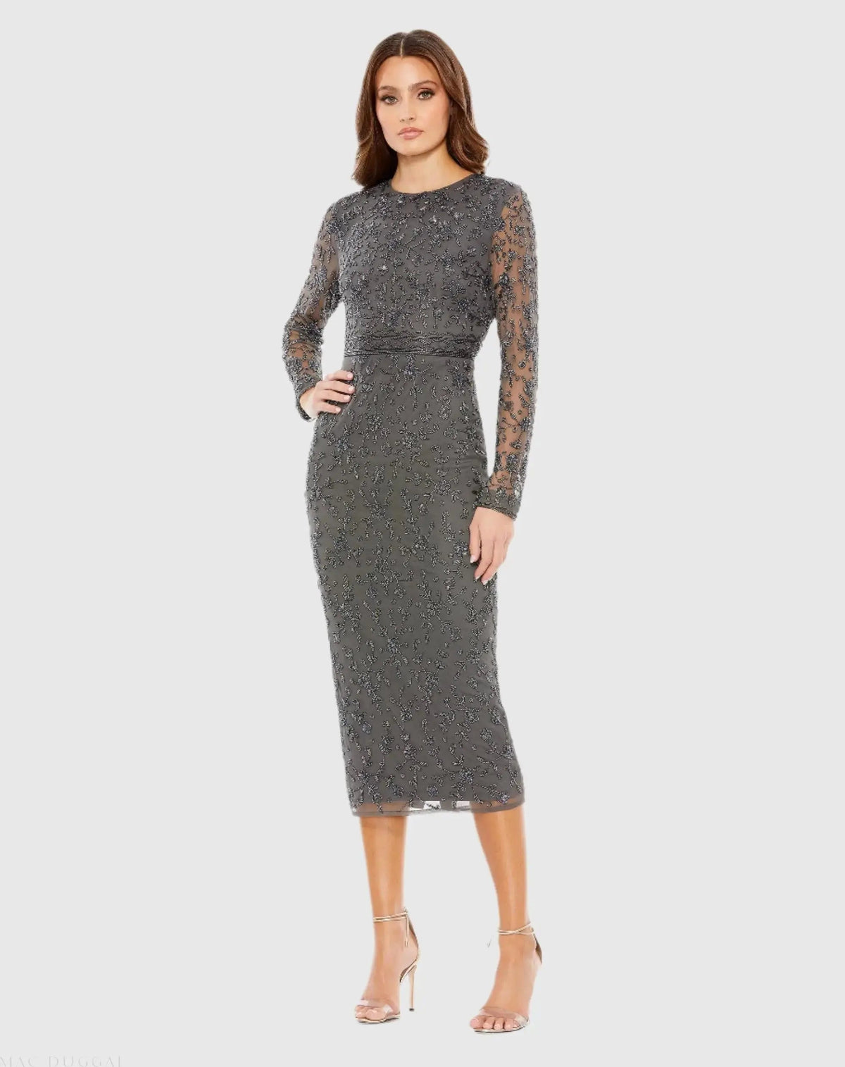 Gray Beaded Tea Length Dress w/ Sheer Sleeves