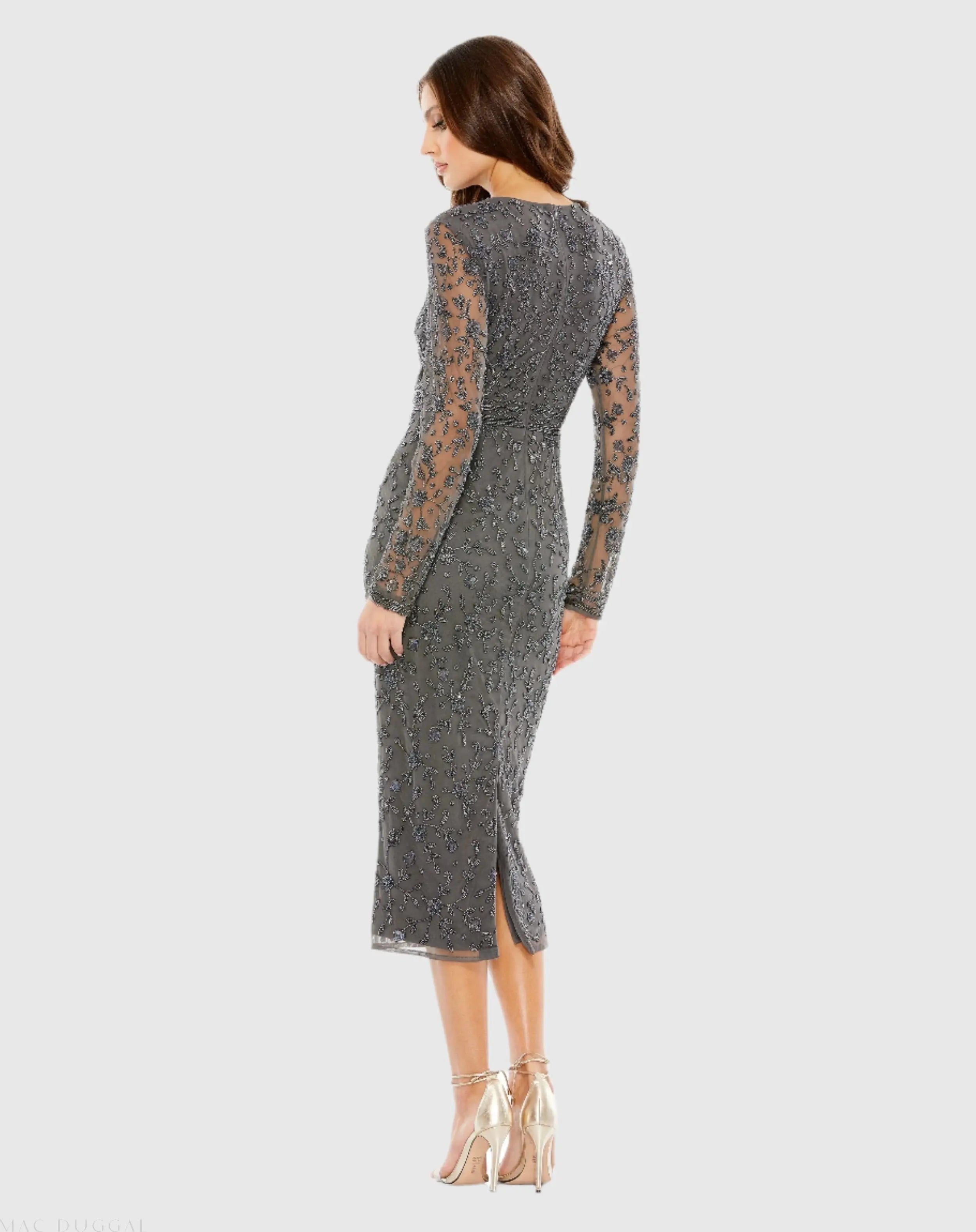 Gray Beaded Tea Length Dress w/ Sheer Sleeves