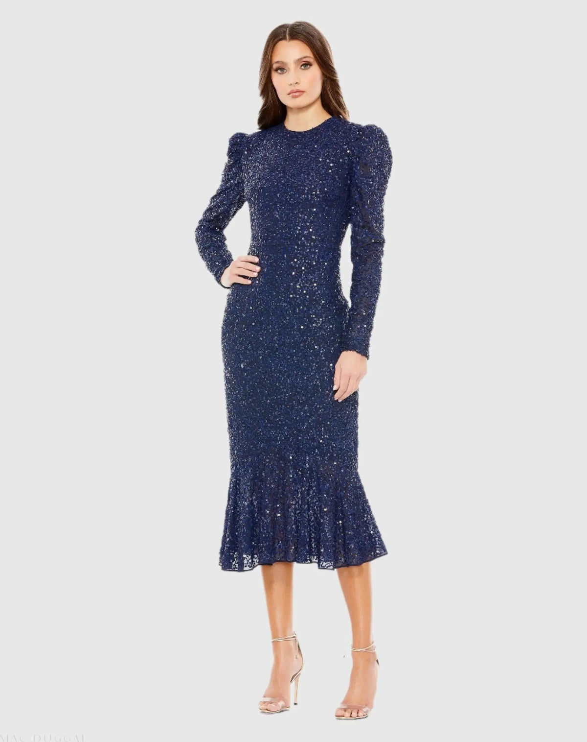 Blue Sequined Long Sleeve High Neck Trumpet Dress