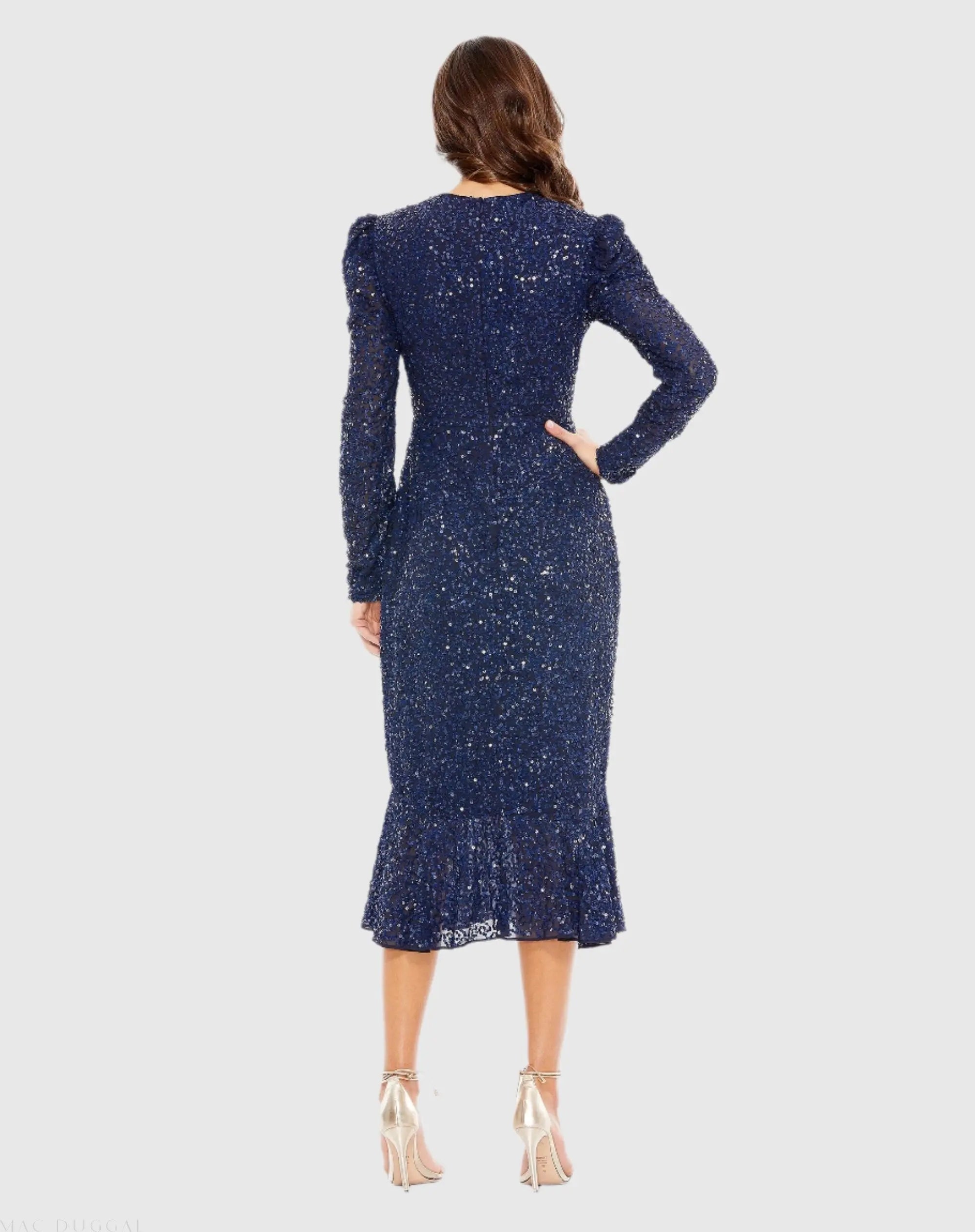 Blue Sequined Long Sleeve High Neck Trumpet Dress