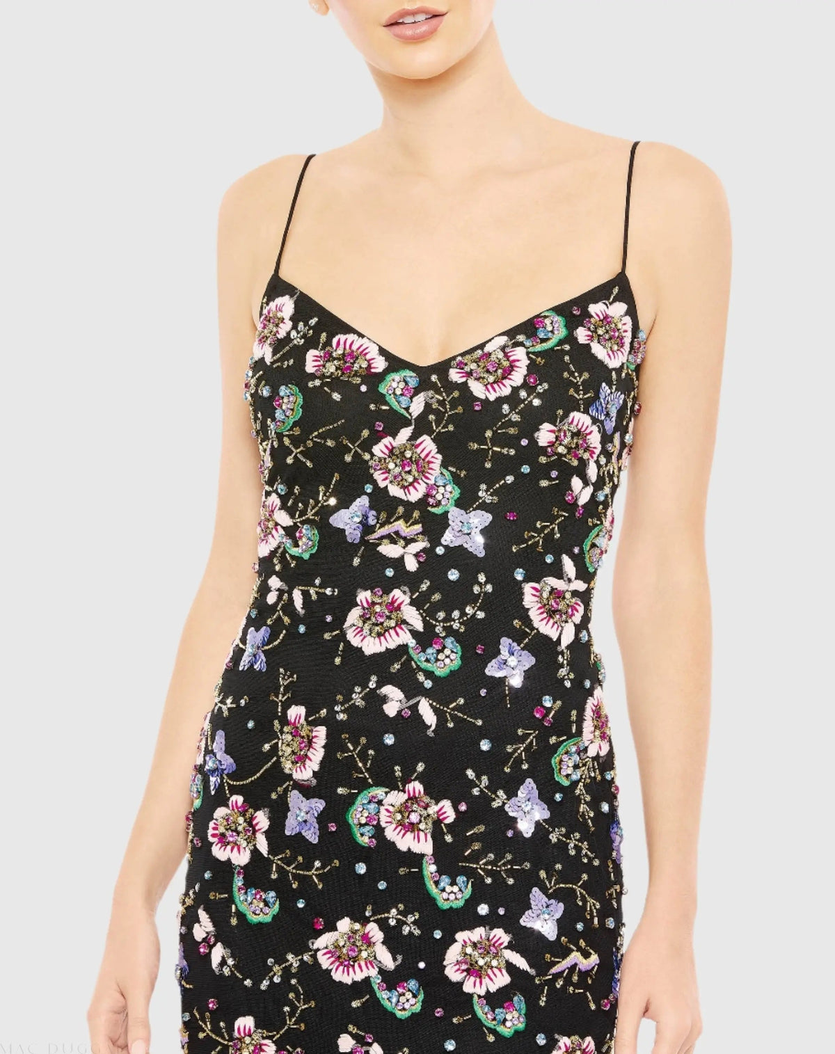 Black Embellished Spaghetti Strap Lace Up Gown