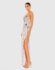 Purple Embellished Lace Sleeveless V Neck Gown