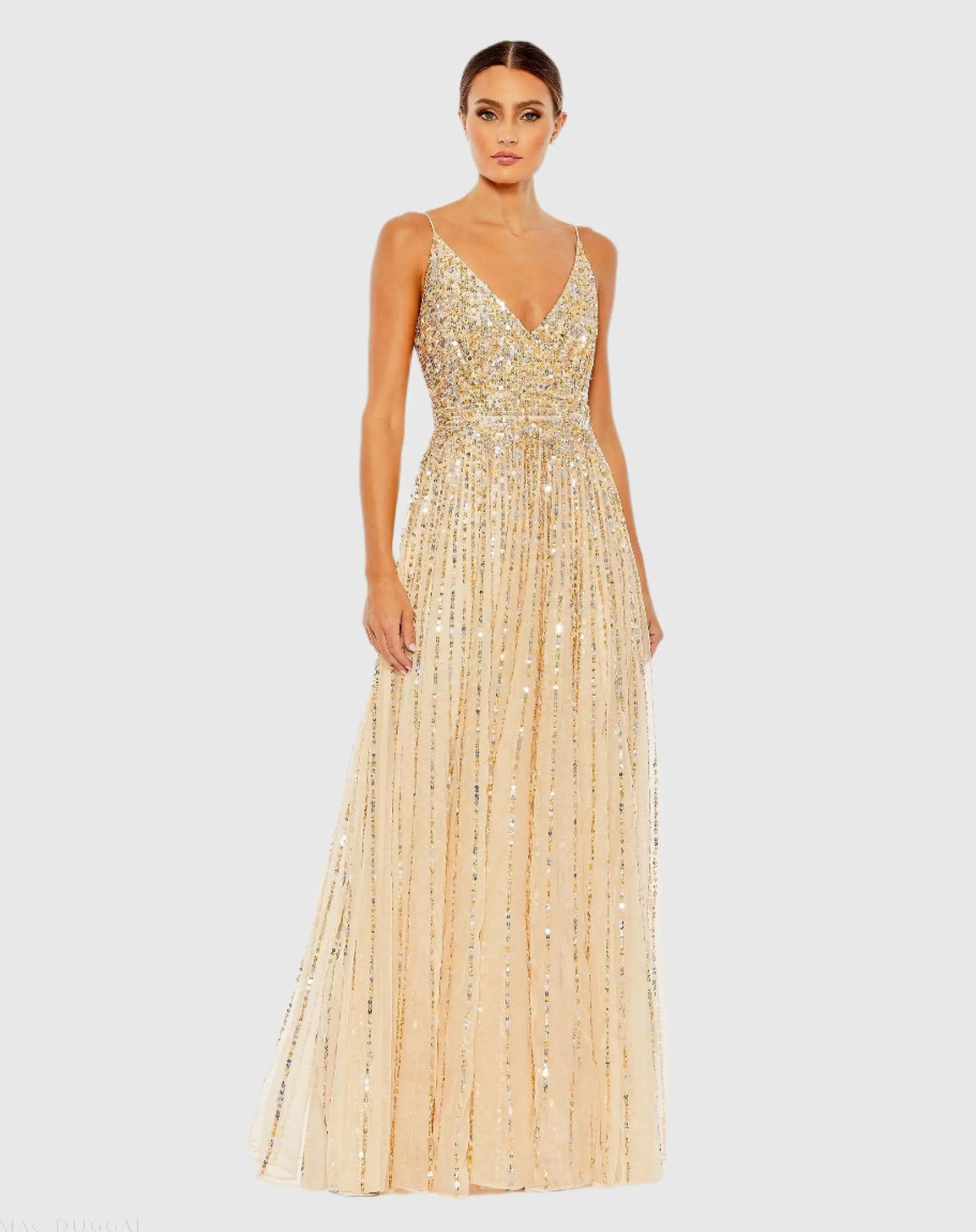 Beige Sequined Sleeveless Wrap Over A Line Gown