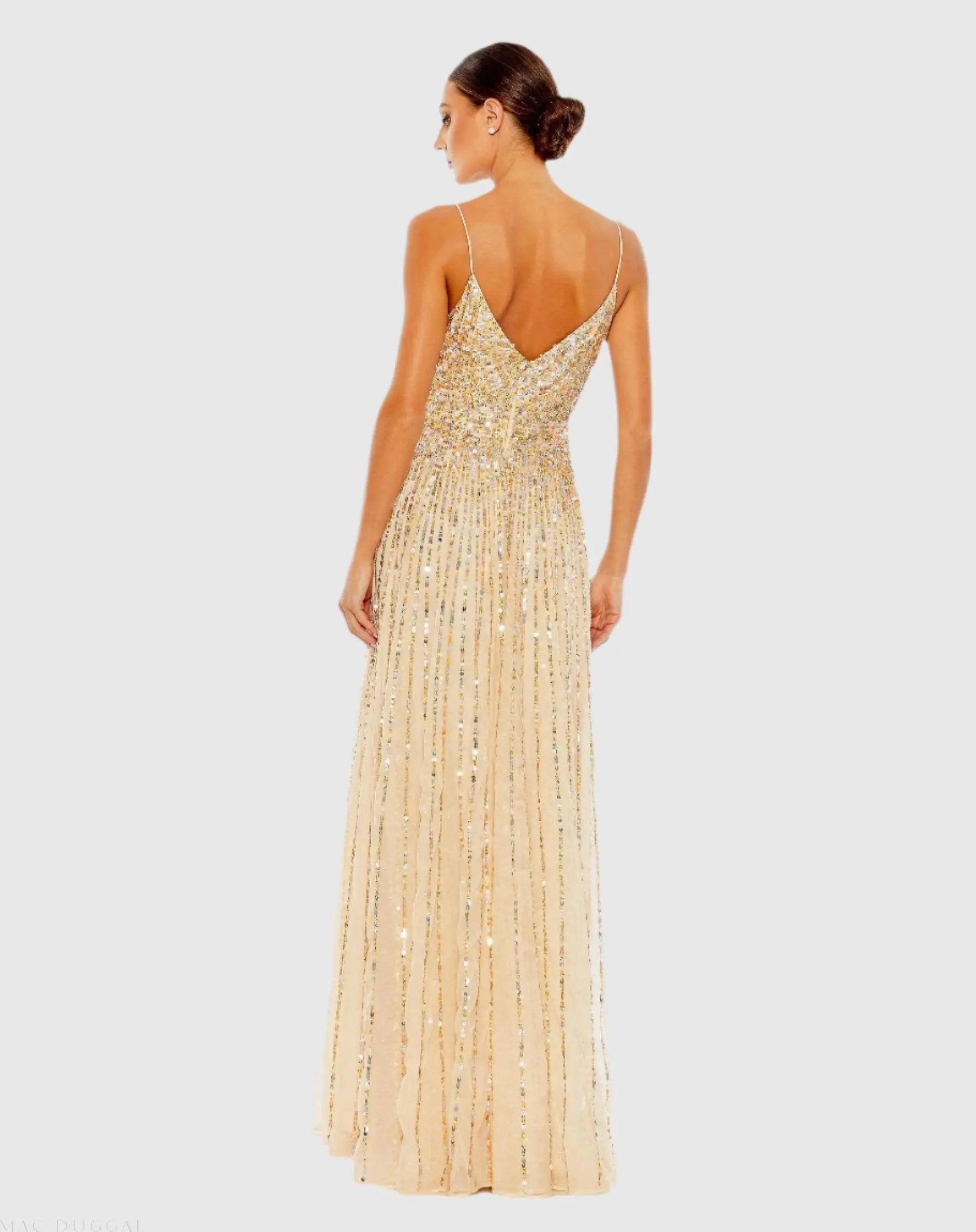 Beige Sequined Sleeveless Wrap Over A Line Gown