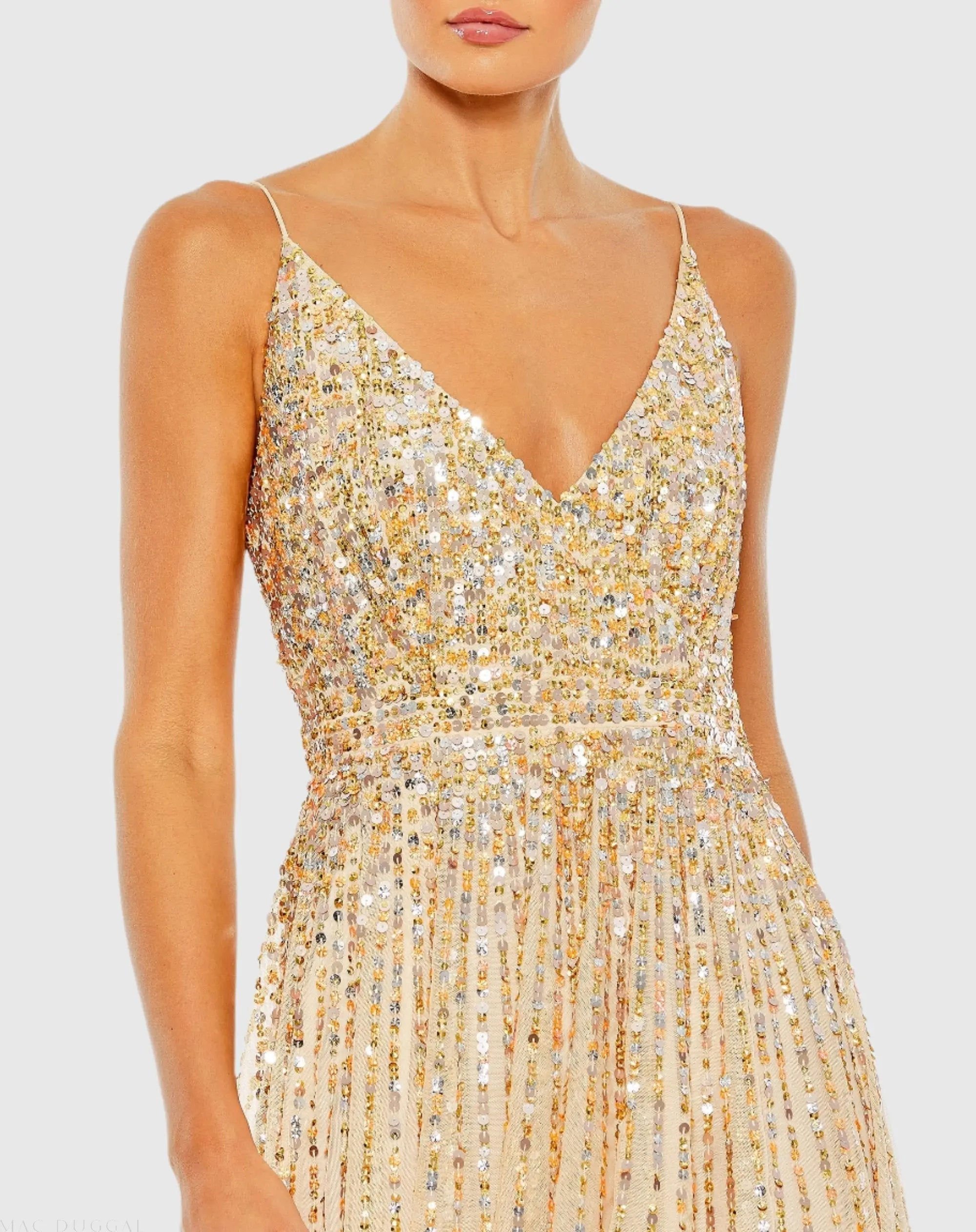 Beige Sequined Sleeveless Wrap Over A Line Gown