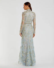 Blue Queen Anne Lace  Long Sleeve  V-Neck Trumpet Gown