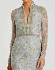 Blue Queen Anne Lace  Long Sleeve  V-Neck Trumpet Gown