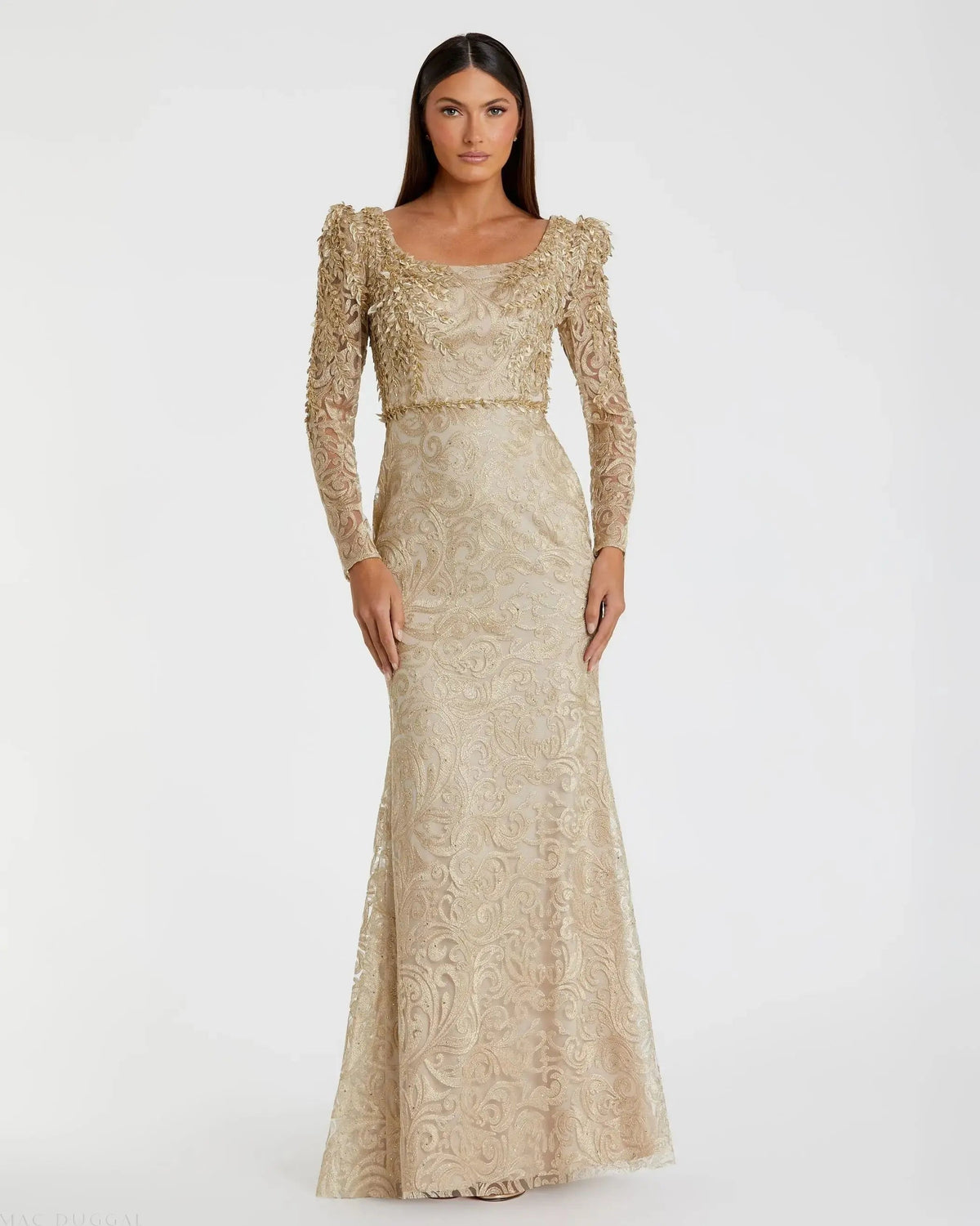 Gold Long Sleeve Embroidered Applique Trumpet Gown