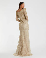 Gold Long Sleeve Embroidered Applique Trumpet Gown