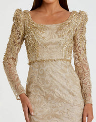 Gold Long Sleeve Embroidered Applique Trumpet Gown