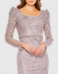 Purple Long Sleeve Embroidered Applique Trumpet Gown