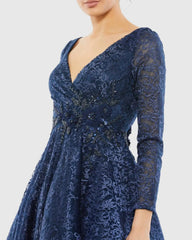 Navy Long Sleeve Tea Length Dress