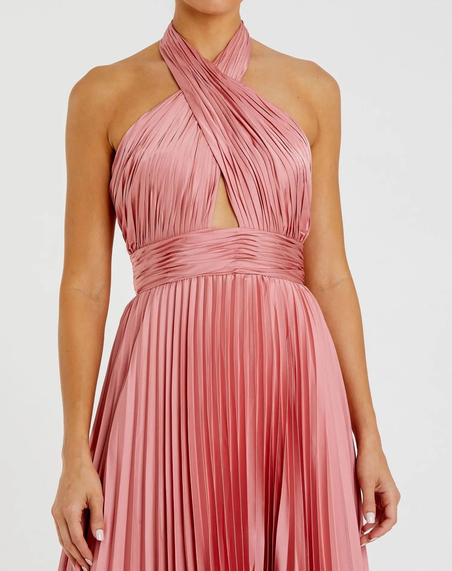 Pink Pleated Halter Neck Asymmetrical Hem Gown - FINAL SALE