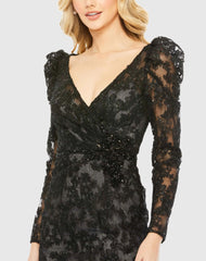 Black Embroidered Lace Puff Sleeve Wrap Over Gown