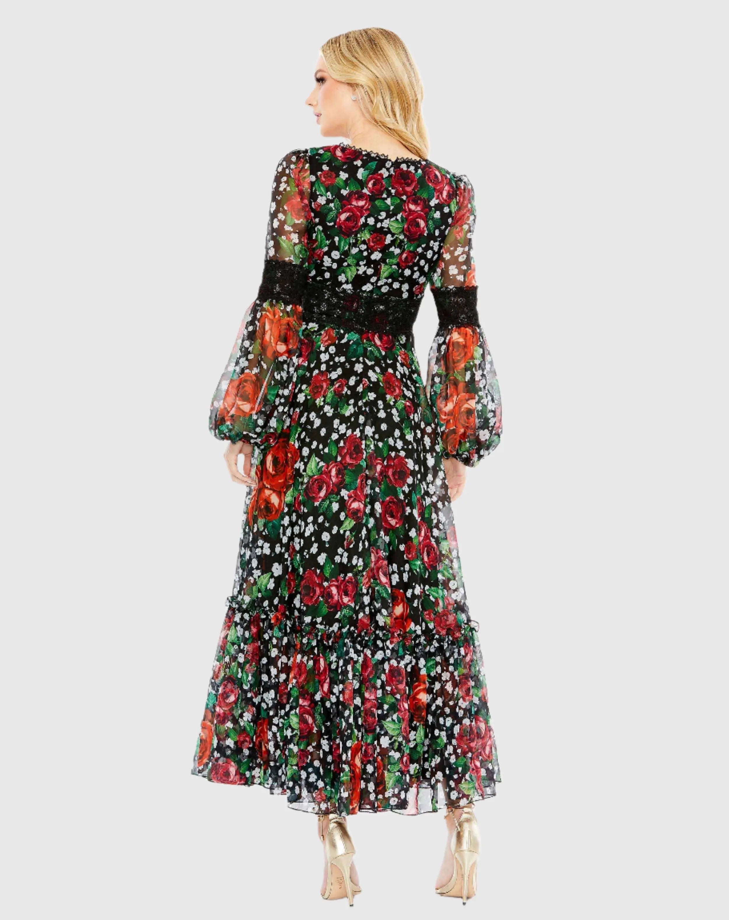 Black V Neck Floral Long Puff Sleeve Ruffle Dress - FINAL SALE