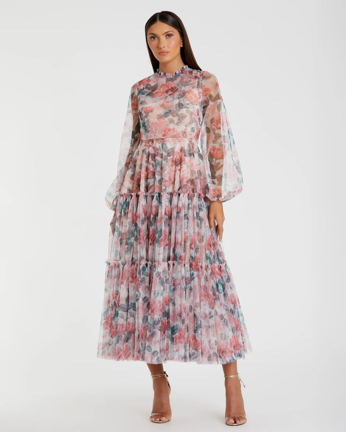 Multicolor Floral High Neck Balloon Sleeve Midi Dress