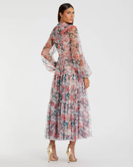 Multicolor Floral High Neck Balloon Sleeve Midi Dress
