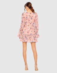 Pink Floral Print Long Flutter Sleeve Dress