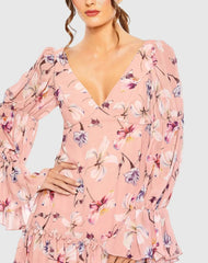 Pink Floral Print Long Flutter Sleeve Dress