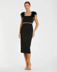 Black Feather Cap Sleeve Pearl Embellished Tea-length Fit Dress