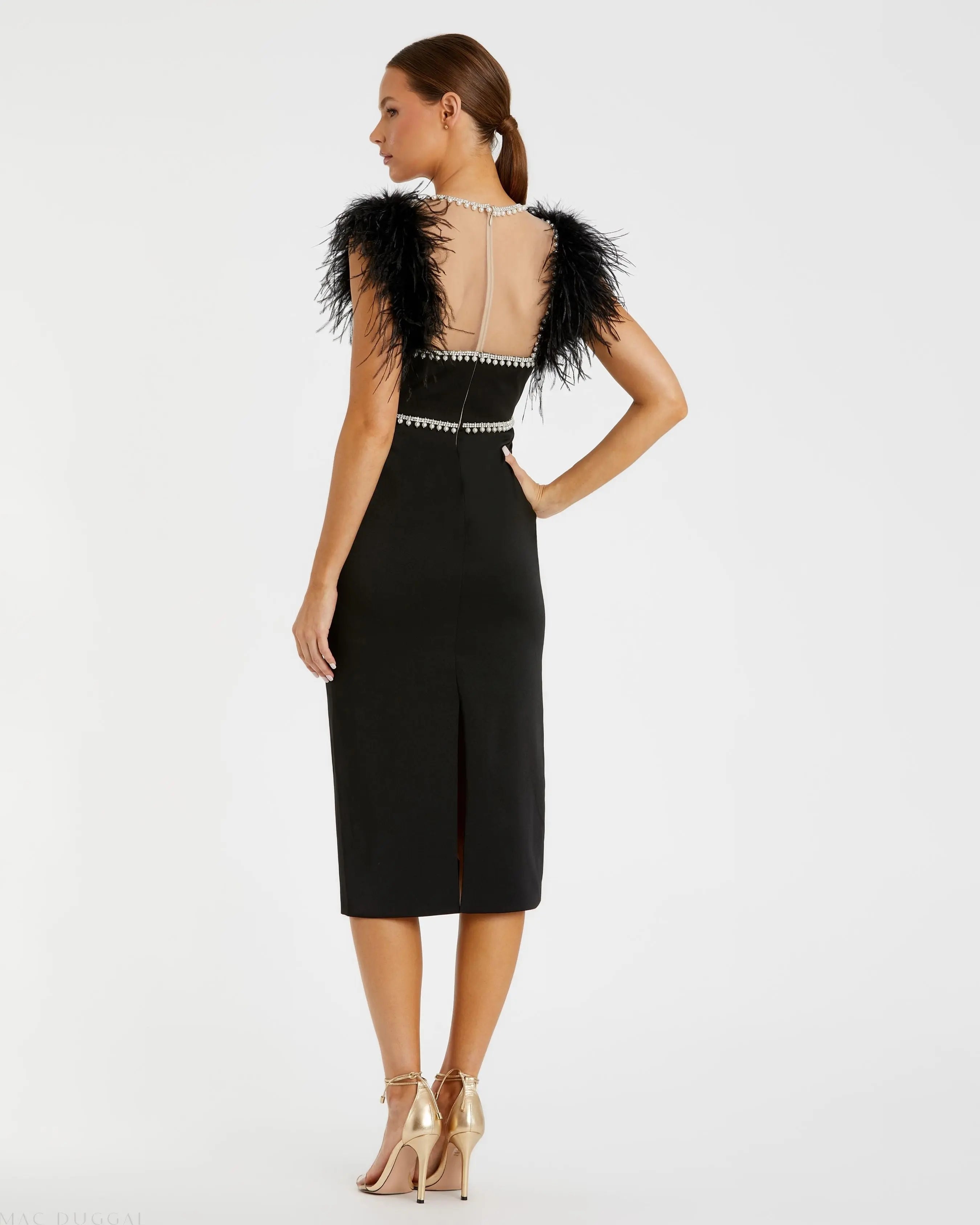 Black Feather Cap Sleeve Pearl Embellished Tea-length Fit Dress