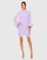 Purple High Neck Long Sleeve Mini Dress with Feather Trim
