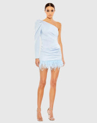 Blue Feather Trim One Shoulder Draped Mini Dress