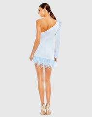 Blue Feather Trim One Shoulder Draped Mini Dress
