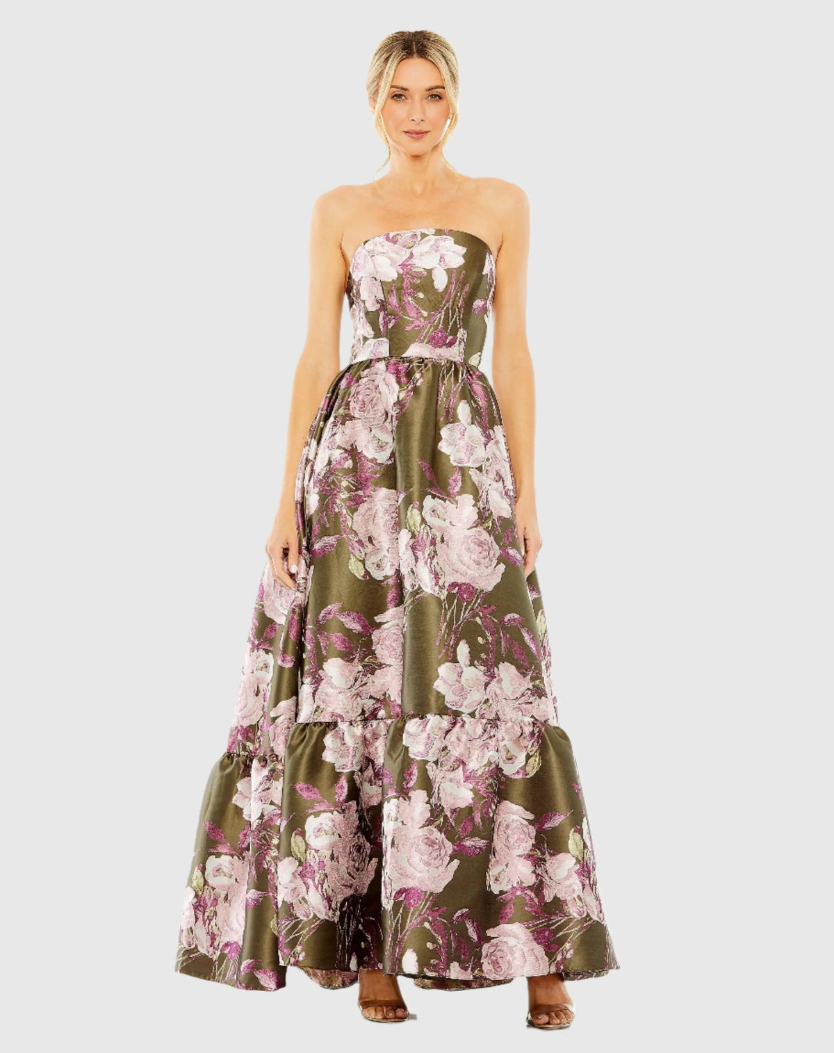 Green Strapless Bottom Ruffle Floral Gown