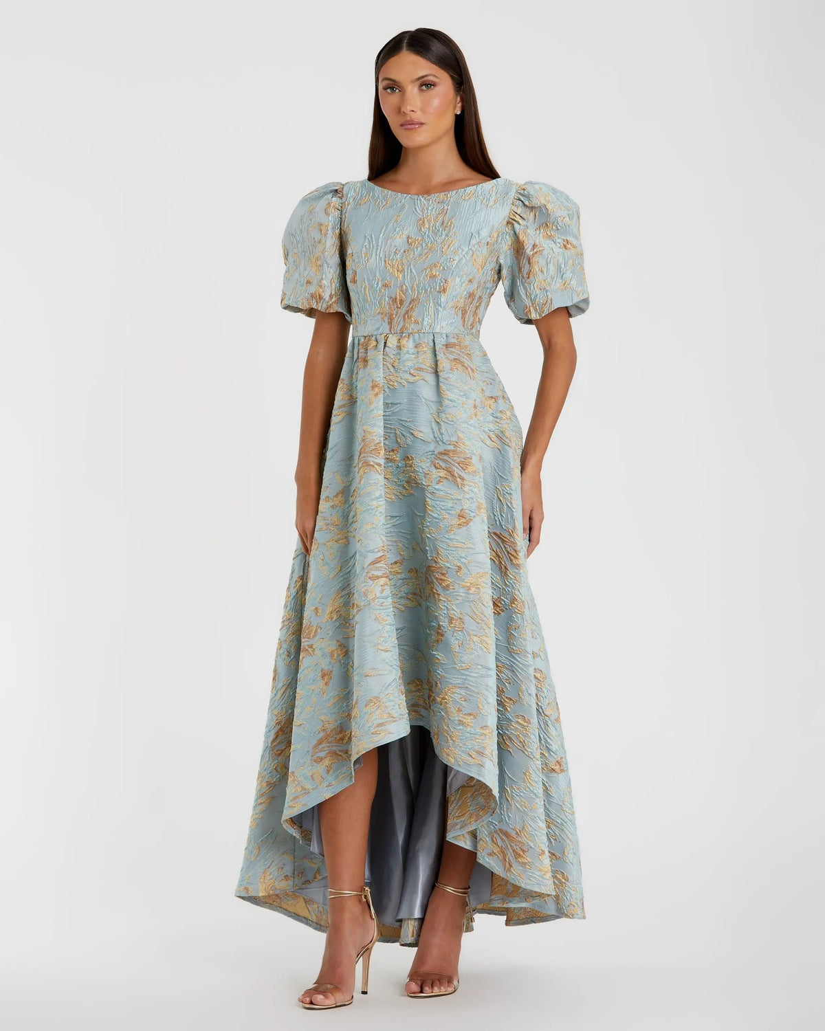 Blue Brocade Puff Sleeve High Low Gown