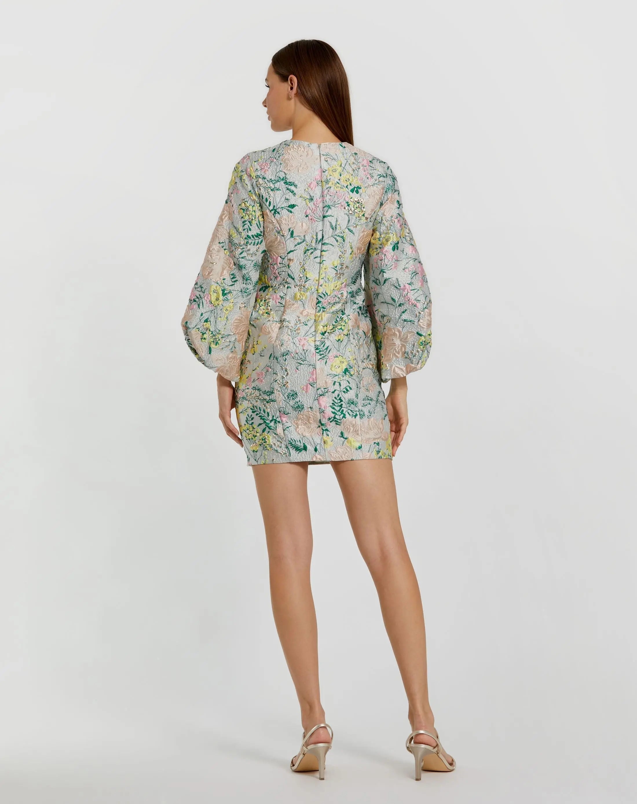 Multicolor Floral Brocade Puff Sleeve Fitted Mini Dress