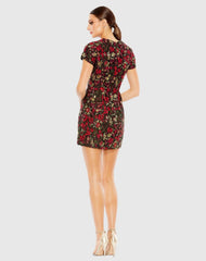 Black Floral Brocade Cap Sleeve Fitted Dress