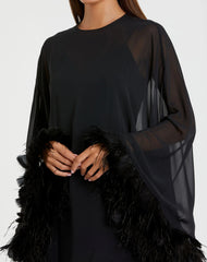 Black Trapeze Feather Trim Mini Dress