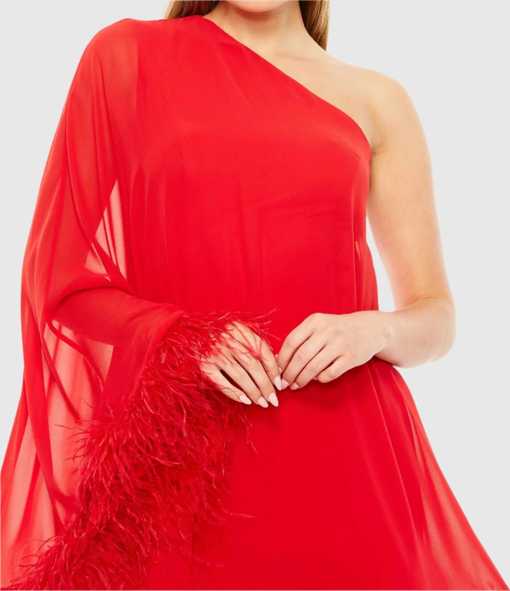 Red One Shoulder Trapeze Dress with Feather Trim