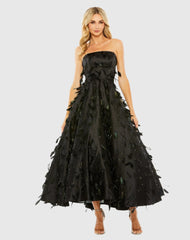 Black Strapless Feather Embellished Ball Gown