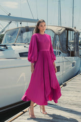 Purple Long Sleeve Pleated Charmeuse Handkerchief Dress