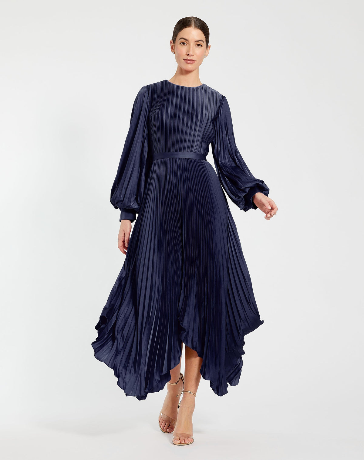 Navy Long Sleeve Pleated Charmeuse Handkerchief Dress