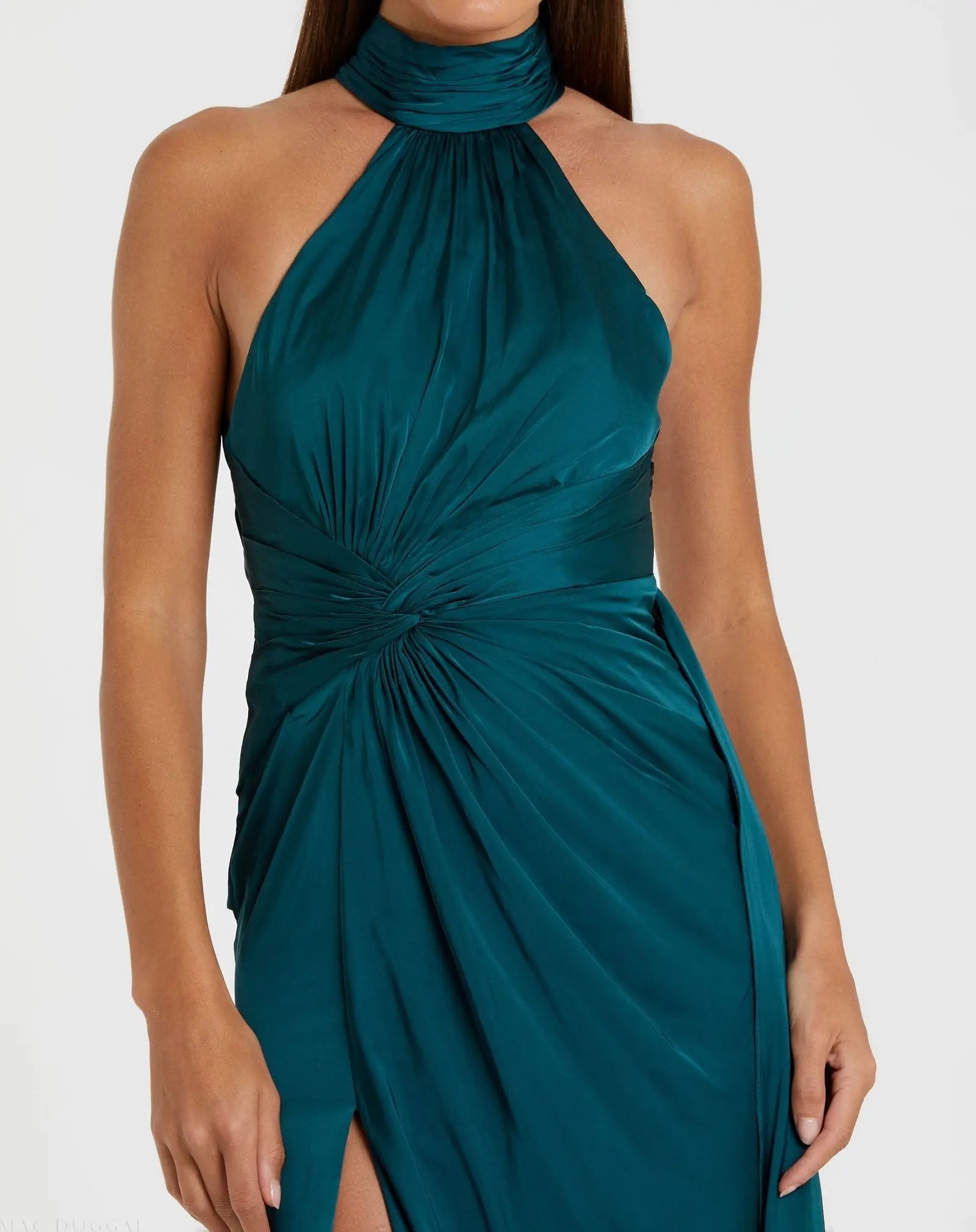 Blue Open Back High Neck Side Ruched Gown
