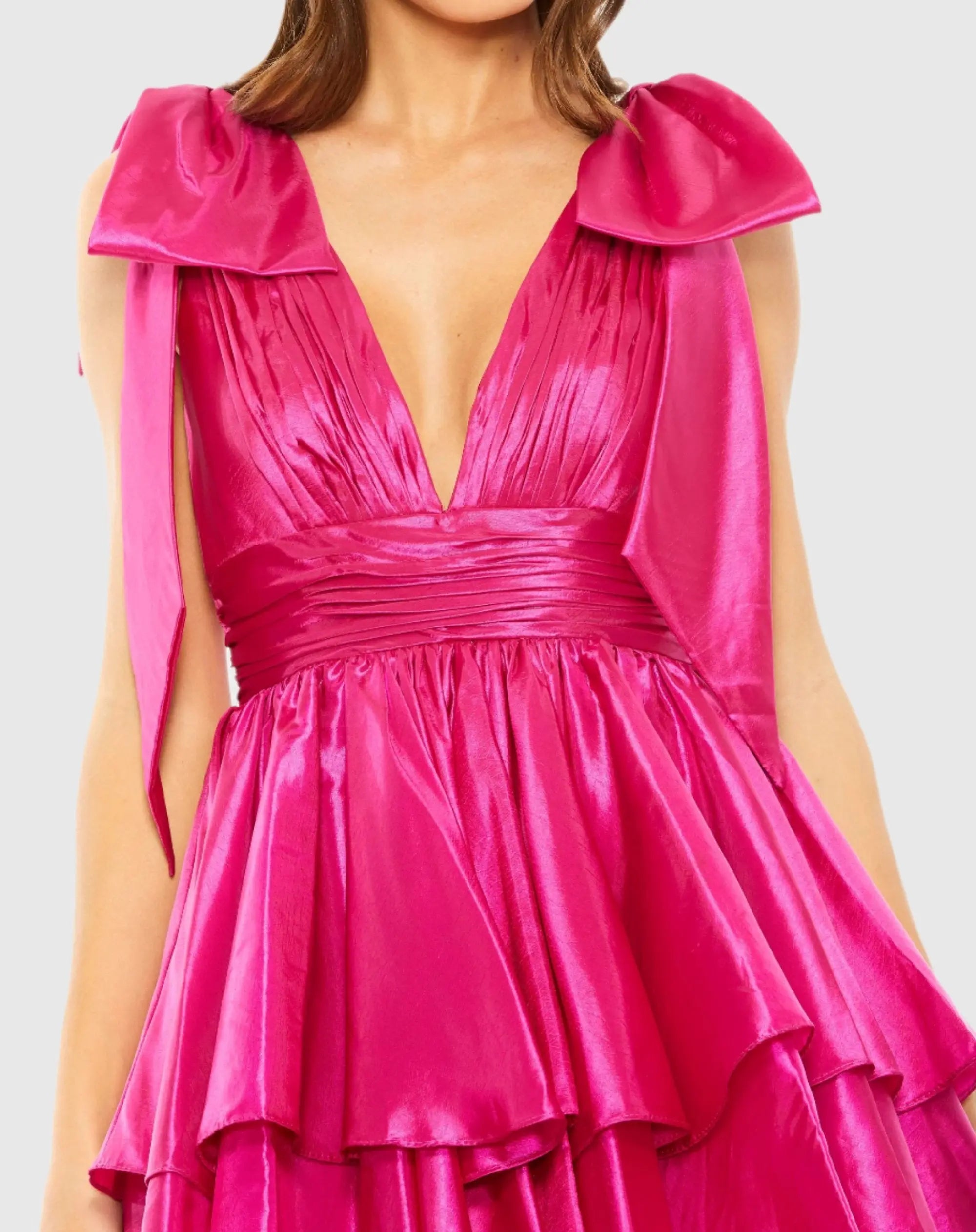 Pink Oversized Bow Deep V Ruffle Mini Dress