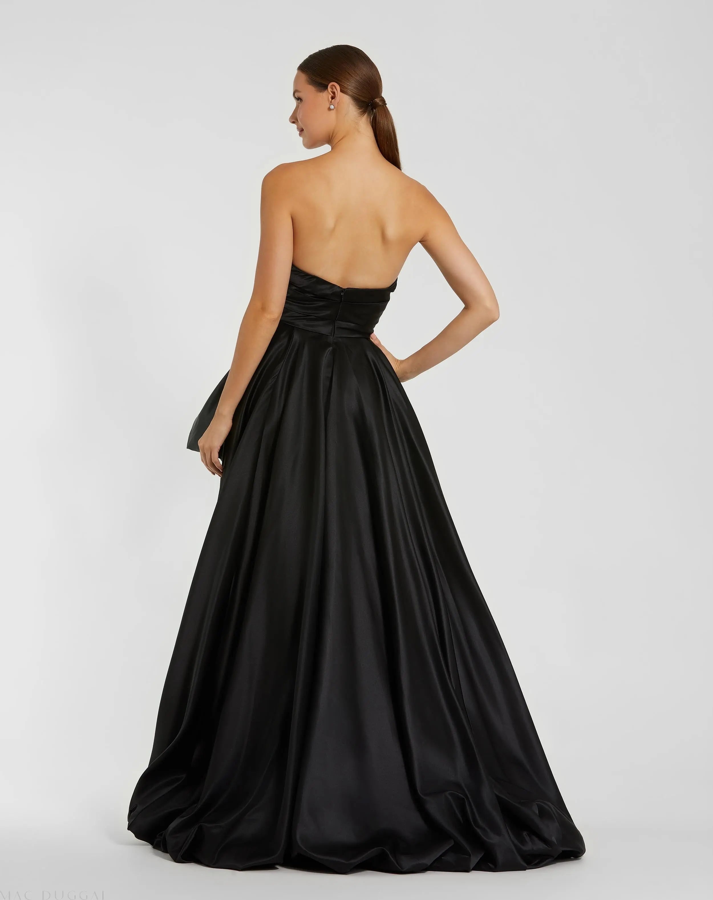 Black Strapless Ruched High Low Gown