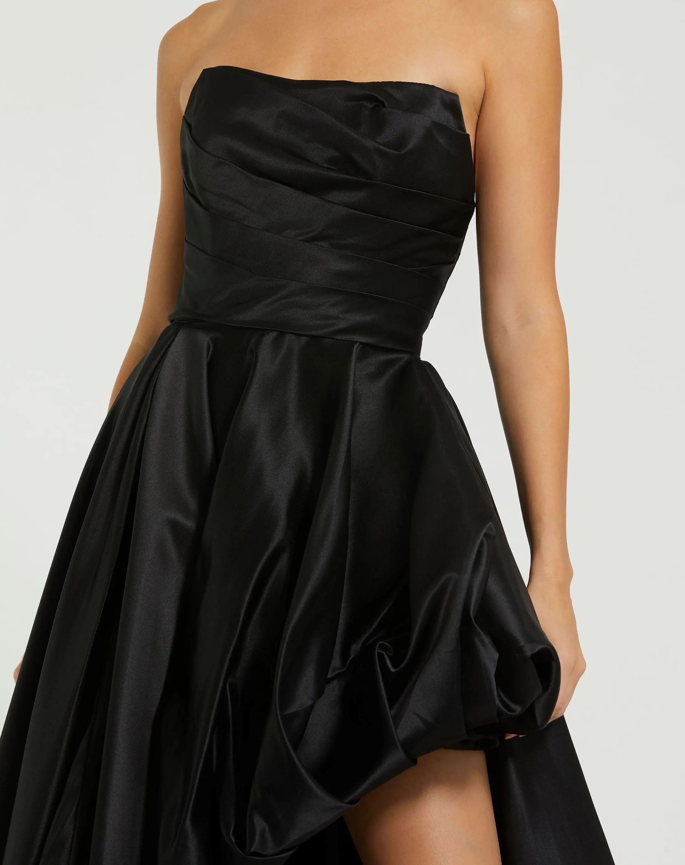 Black Strapless Ruched High Low Gown