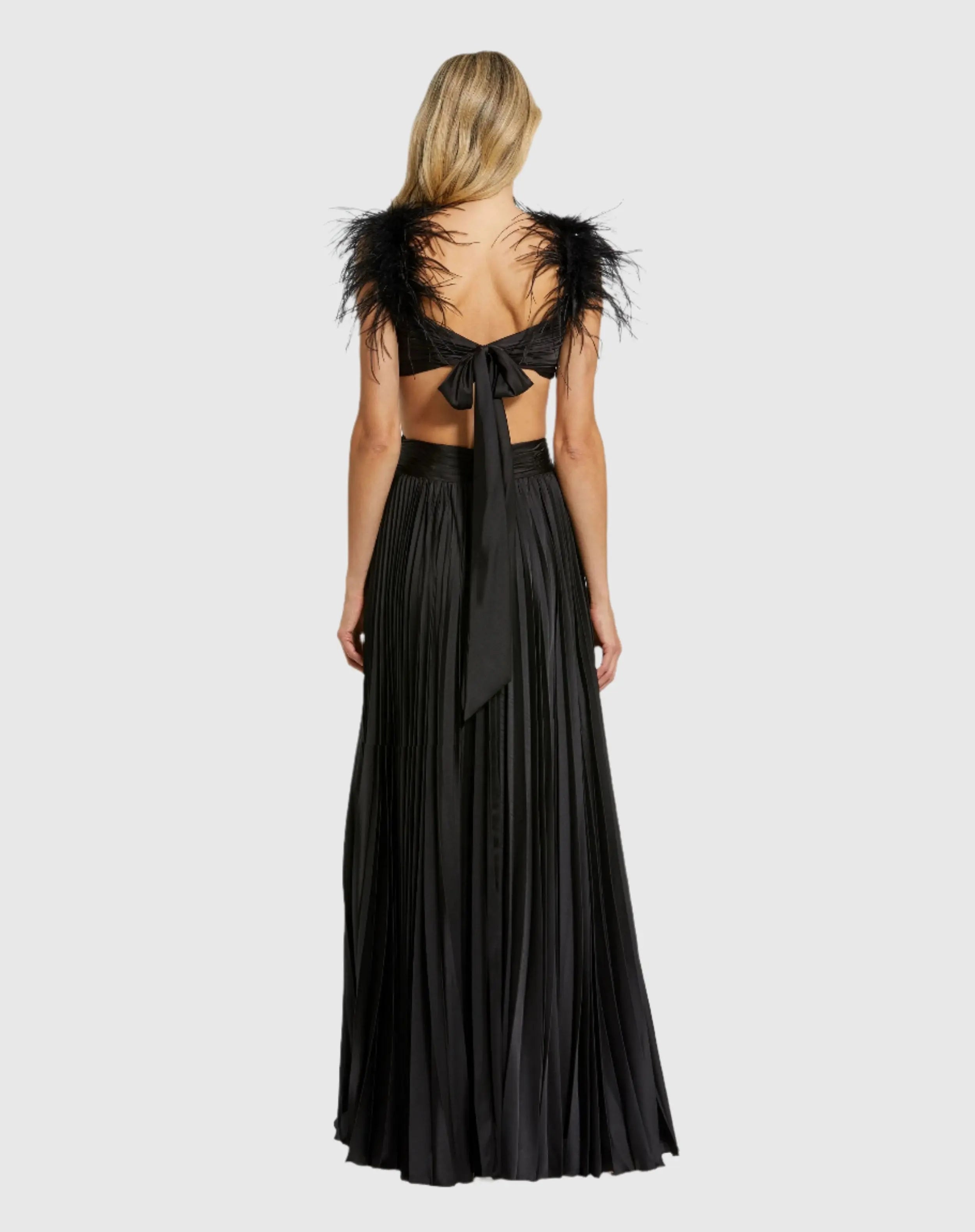 Black Pleated Feather Cap Sleeve Open Back Gown