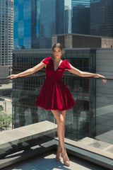 Red Velvet Shoulder Bow Bubble Mini Dress