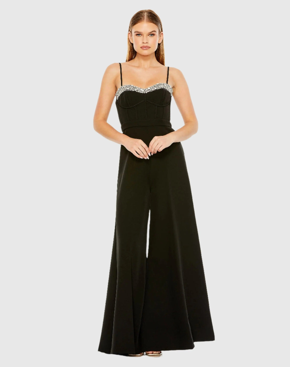 Black Spaghetti Strap Beaded Bustier Top Jumpsuit