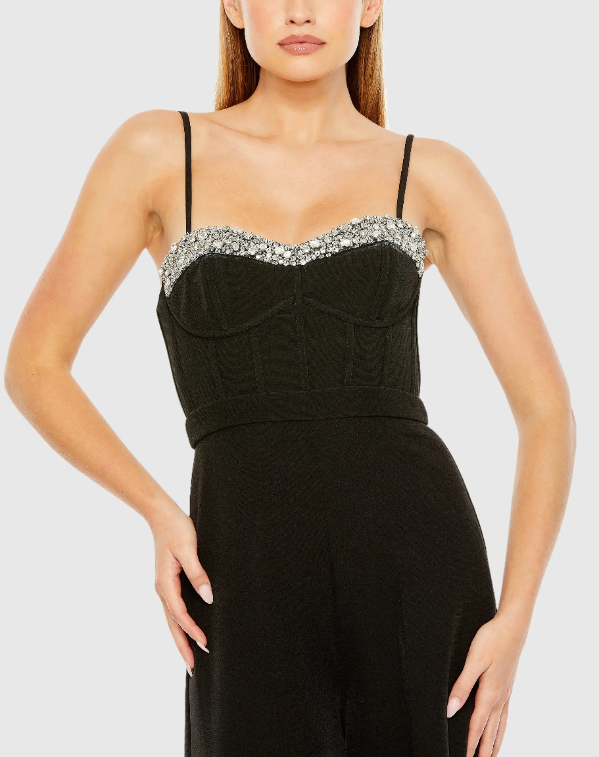 Black Spaghetti Strap Beaded Bustier Top Jumpsuit