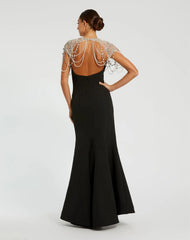 Black Draped Pearl Beaded Mermaid Gown