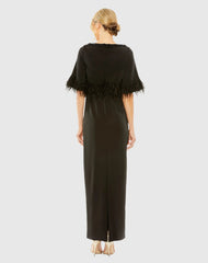 Black Short Sleeve Feather Detail Crystal Neckline Dress