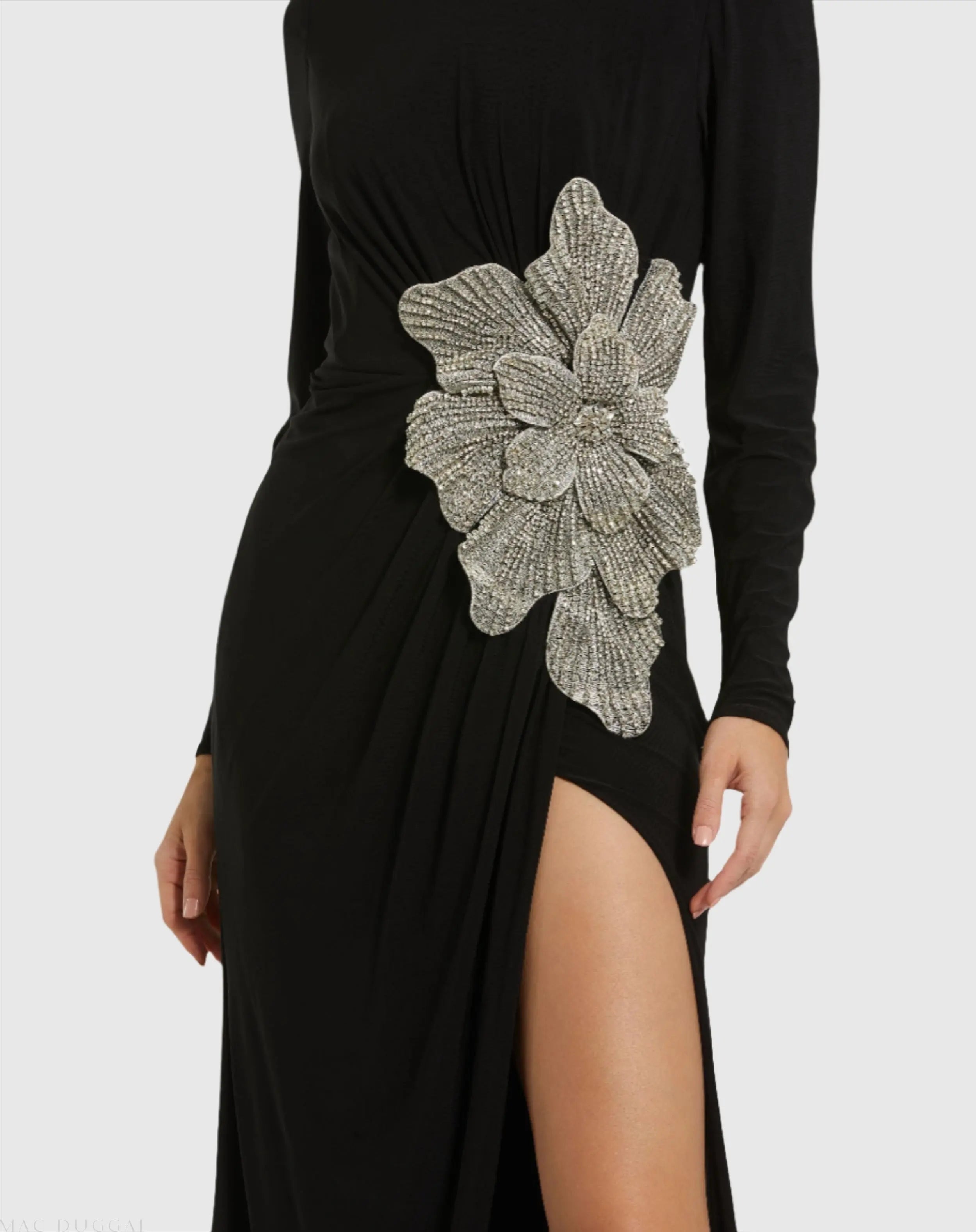 Black Jersey Gown With Embellished Flower