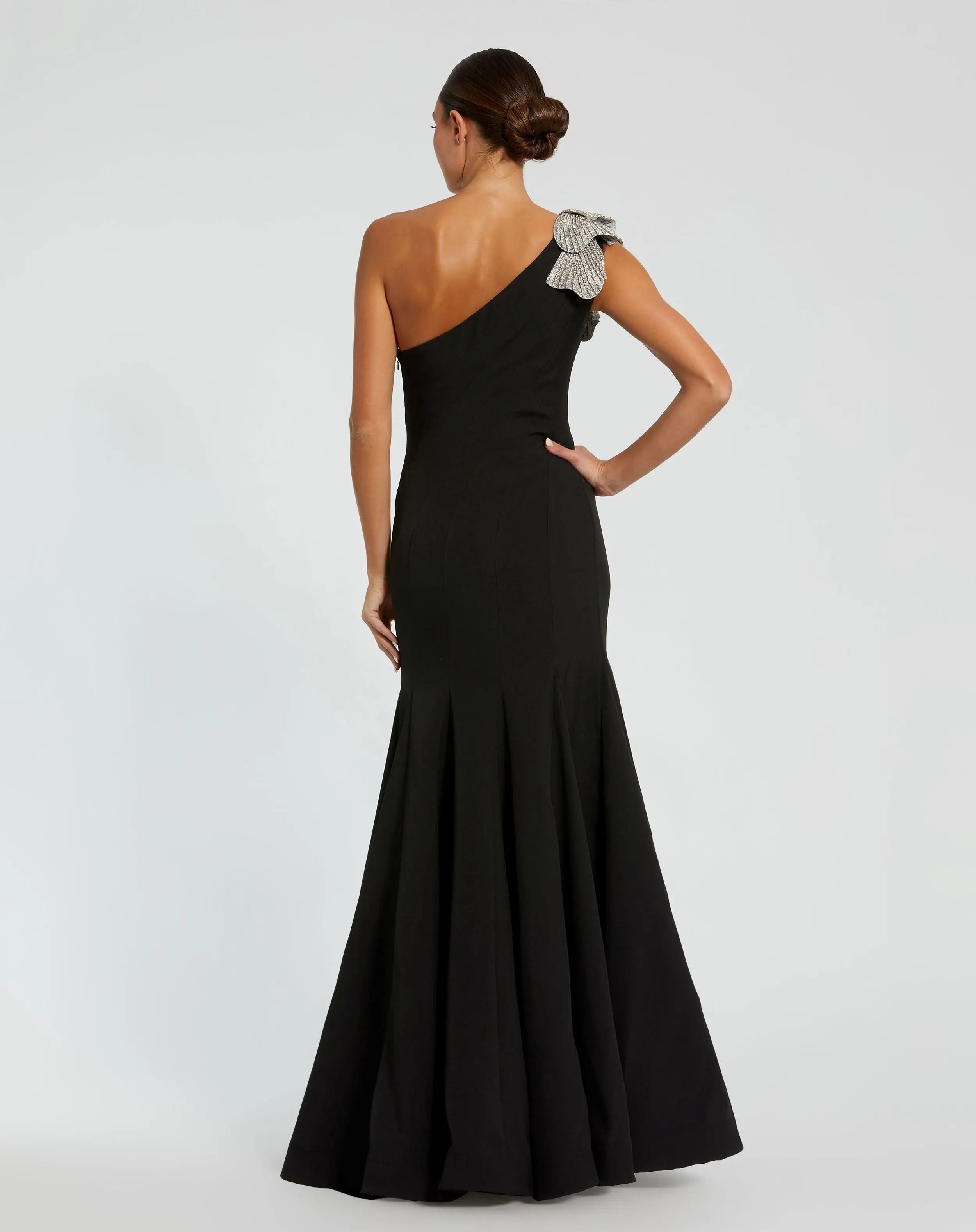 Black Crepe One Shoulder Gown With Crystal Flower